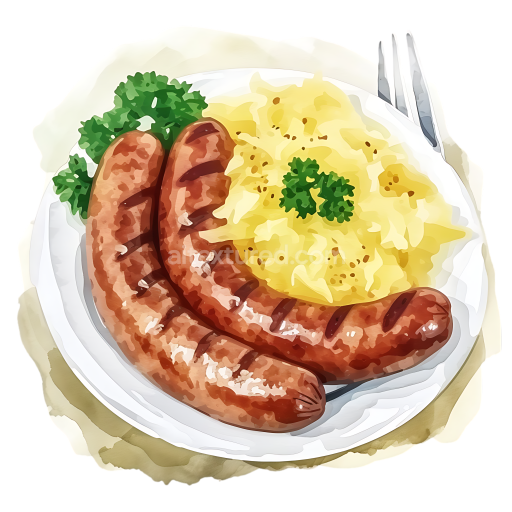 Bratwurst and Sauerkraut Breakfast Plate PNG Illustration with Parsley Garnish