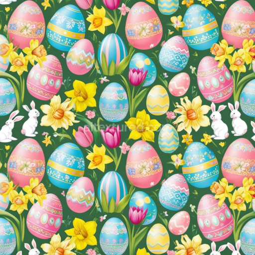 Seamless 3D PBR Texture of Colorful Easter Eggs and Spring Flowers