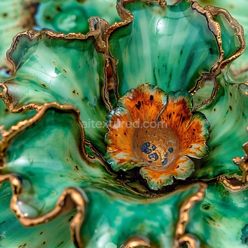 Seamless 3D PBR Cracked Ceramic Glaze Texture Featuring Green and Orange Fractured Patterns