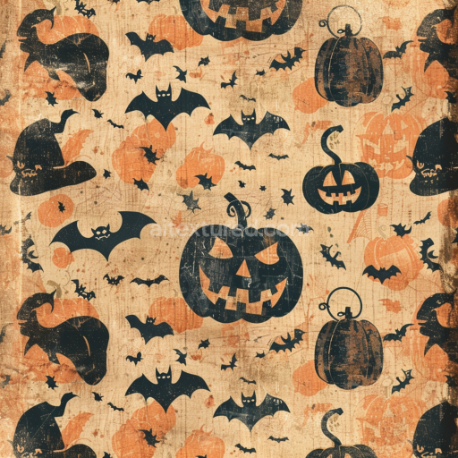 Seamless 3D PBR Texture of Vintage Halloween Fabric with Pumpkins and Bats Pattern