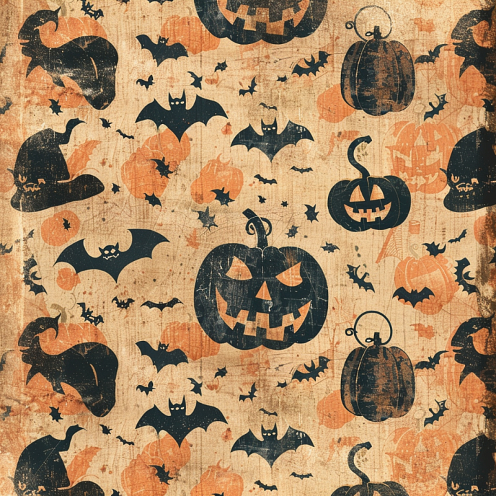 Vintage Halloween Fabric with Pumpkins and Bats seamless PBR texture preview