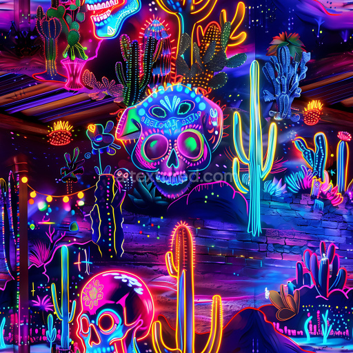 Seamless 3D PBR Texture Featuring Neon Glow Skulls and Desert Cacti Graffiti