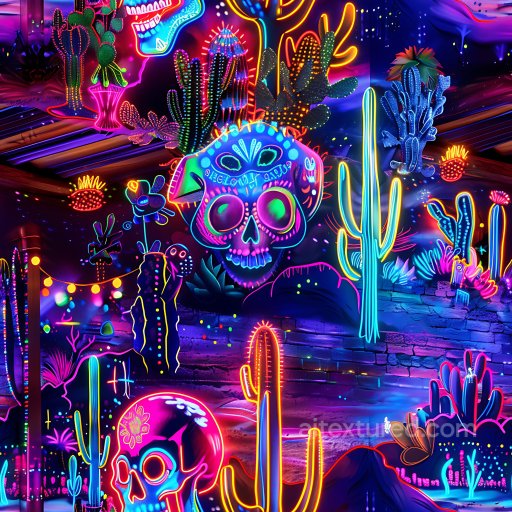 Seamless 3D PBR Texture Featuring Neon Glow Skulls and Desert Cacti Graffiti texture preview