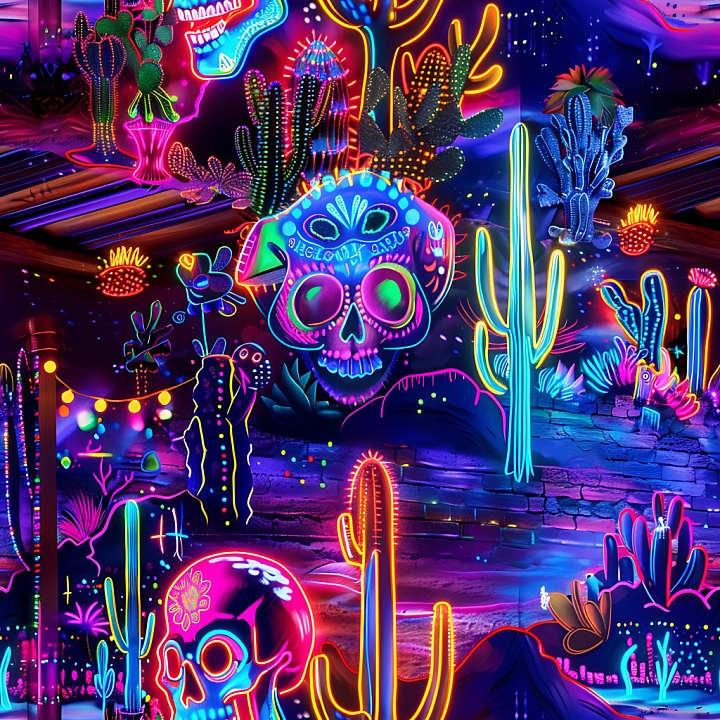 Featuring Neon Glow Skulls and Desert Cacti Graffiti seamless PBR texture preview
