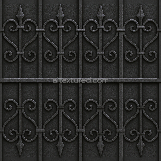Seamless 3d texture pbr 8k wrought iron fence with decorative iron and black iron finish