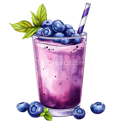 Illustrated Blueberry Yogurt Smoothie Glass with Fresh Berries and Mint for Breakfast