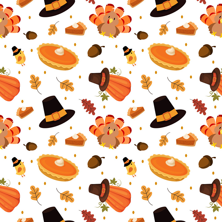 Pattern Featuring Cartoon Thanksgiving Motifs in Warm Fall Colors seamless PBR texture preview