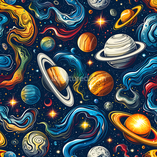 Seamless 3D Space PBR Texture Featuring Stylized Nebulae and Vibrant Planets