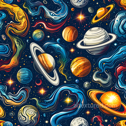 Space PBR Texture Featuring Stylized Nebulae and Vibrant Planets seamless Star, space, planets PBR texture