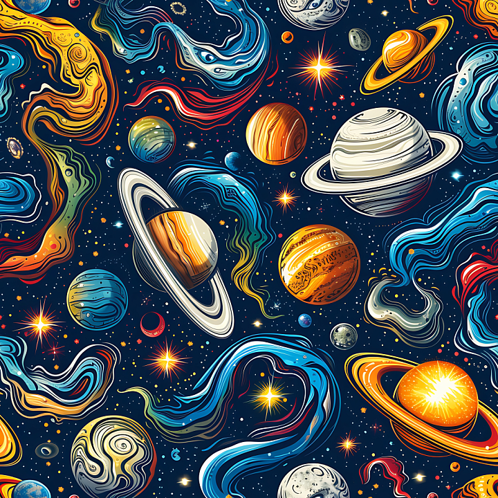 Space Featuring Stylized Nebulae and Vibrant Planets seamless PBR texture preview