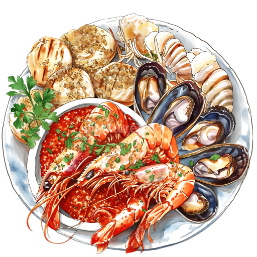 Watercolor Grilled Seafood Platter with Romesco Sauce Breakfast Illustration