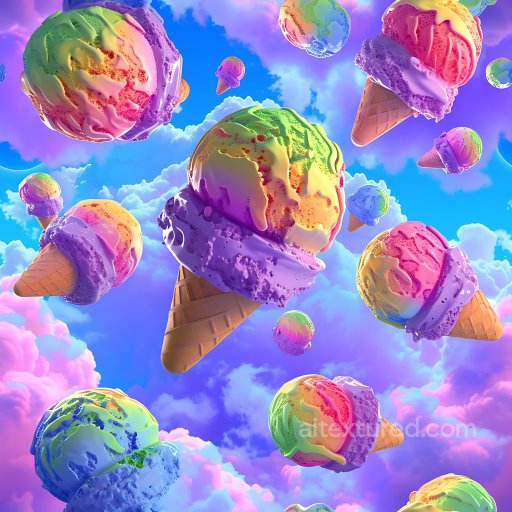 Inflated PBR Texture of Colorful Ice Cream Scoops with Waffle Cones seamless Inflated PBR texture
