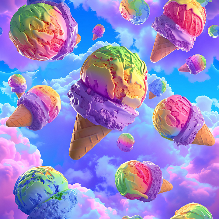 Inflated of Colorful Ice Cream Scoops with Waffle Cones seamless PBR texture preview