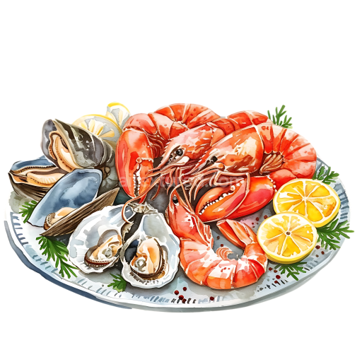 Preview — Seafood Platter Breakfast Illustration Featuring Shrimp, Oysters, and Lemons