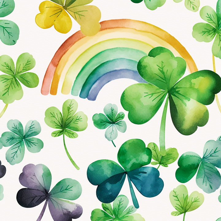 Watercolor Shamrocks and Rainbow Pattern seamless PBR texture preview