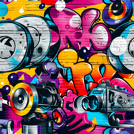 Seamless 3D PBR Graffiti Texture Featuring Vibrant Camera Design on Brick Wall