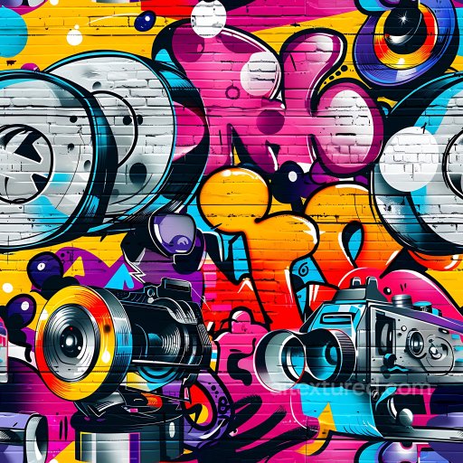 Seamless 3D PBR Graffiti Texture Featuring Vibrant Camera Design on Brick Wall texture preview