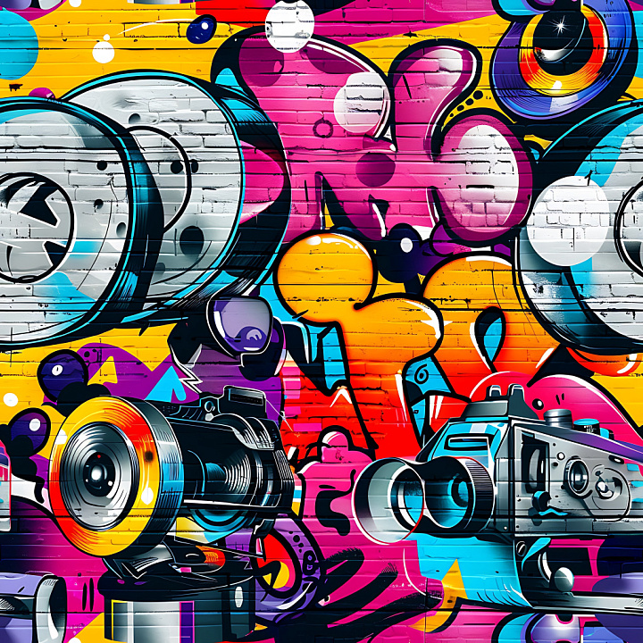 Graffiti Featuring Vibrant Camera Design on Brick Wall seamless PBR texture preview