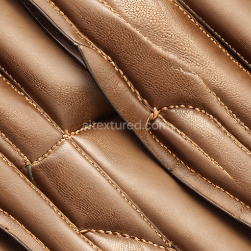 Seamless 3D PBR tan leather upholstery texture with stitched panels and natural grain