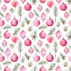 seamless Seamless 3D PBR Texture of Watercolor Pink Christmas Ornaments with Pine Sprigs texture 8k free download PBR