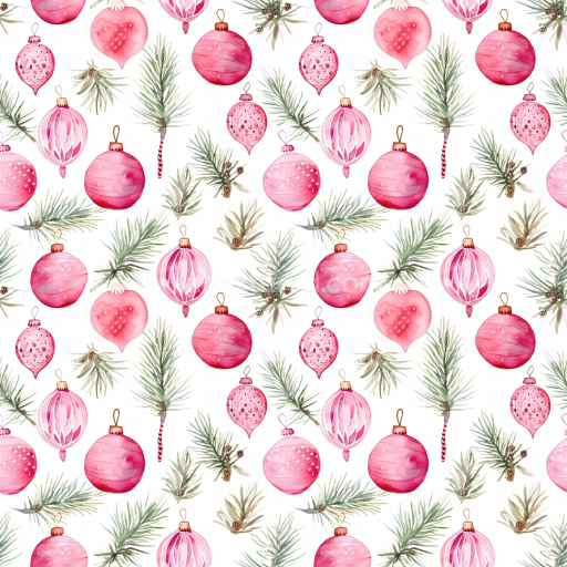 Seamless 3D PBR Texture of Watercolor Pink Christmas Ornaments with Pine Sprigs