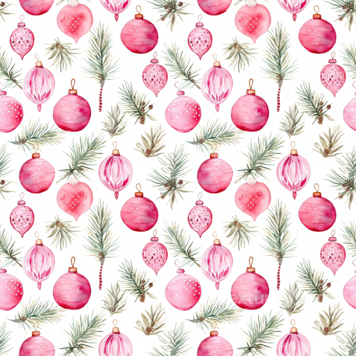 All Christmas Digital paper Texture of Watercolor Pink Christmas Ornaments with Pine Spri… seamless All Christmas Digital paper PBR texture