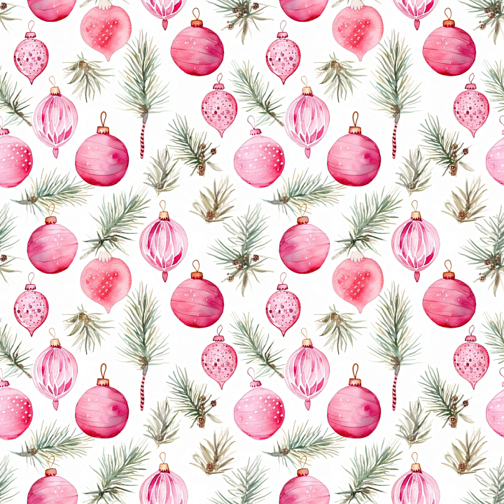 All Christmas Digital paper of Watercolor Pink Christmas Ornaments with… seamless PBR texture preview