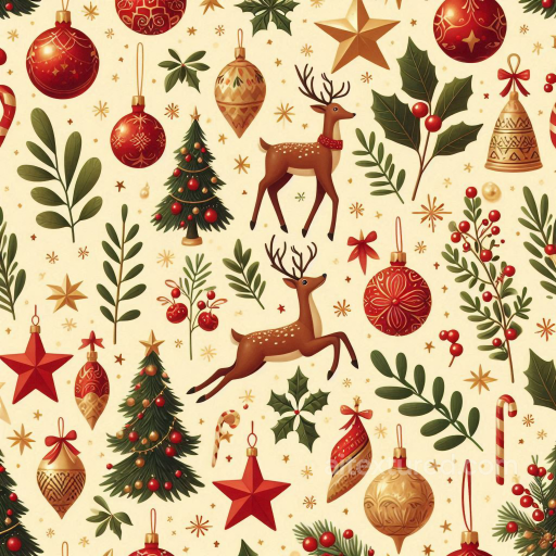 Christmas Digital Paper Texture with Ornaments, Reindeer, and Holiday Foliage seamless All Christmas Digital paper PBR texture