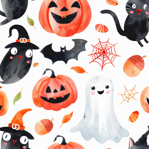 Watercolor Halloween Texture with Pumpkins, Ghosts, and Black Cats seamless Watercolor Halloween PBR texture