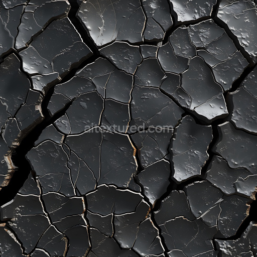 Seamless 3D PBR Cracked Black Soil Texture with Deep Fractures and Glossy Surface