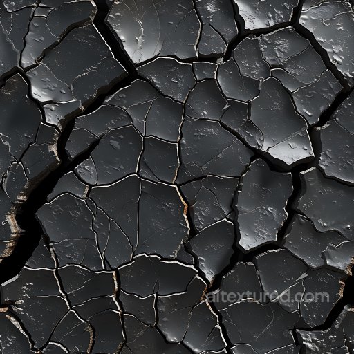 Cracked Black Soil Texture with Deep Fractures and Glossy Surface seamless Cracked & Holes PBR texture