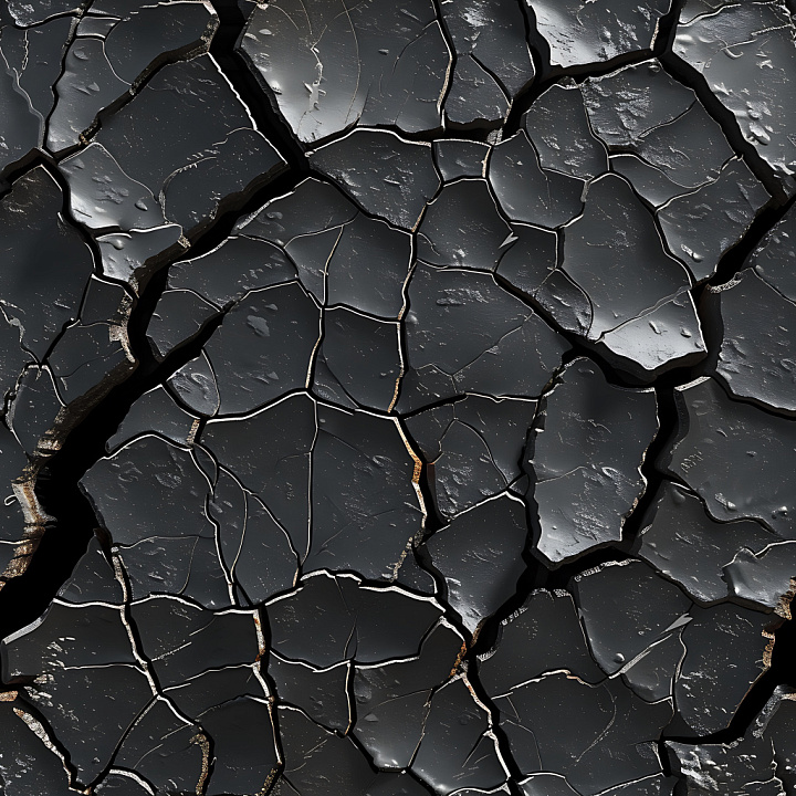 Cracked Black Soil with Deep Fractures and Glossy Surface seamless PBR texture preview