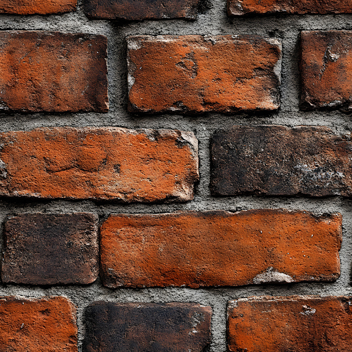 Cracked Brick Wall with Weathered Red and Blackened Surface seamless PBR texture preview
