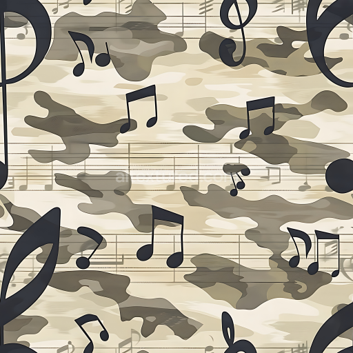 Seamless 3D Desert Camouflage PBR Texture with Beige Tones and Musical Note Overlay