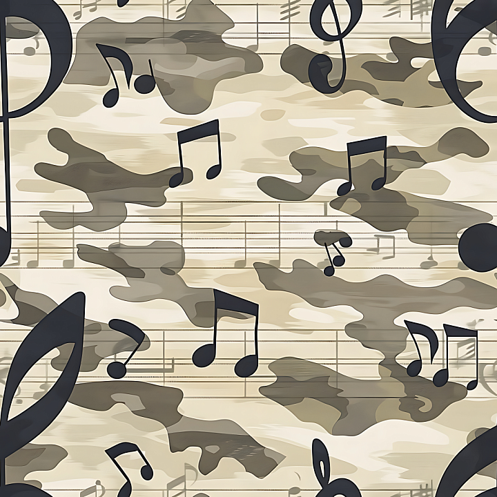 Desert Camouflage with Beige Tones and Musical Note Overlay seamless PBR texture preview