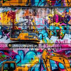 seamless Seamless 3D PBR Texture Featuring Colorful Graffiti and Yellow Construction Machinery texture 8k free download PBR
