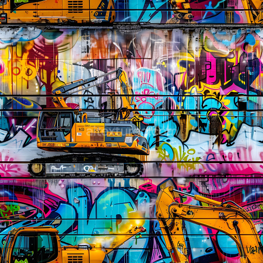 Seamless 3D PBR Texture Featuring Colorful Graffiti and Yellow Construction Machinery
