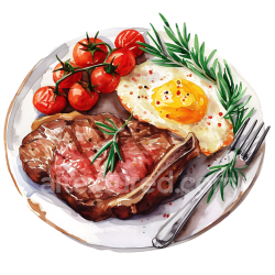 seamless Watercolor Style Breakfast Plate with Lamb Steak, Fried Egg, and Cherry Tomatoes texture 8k free download PBR