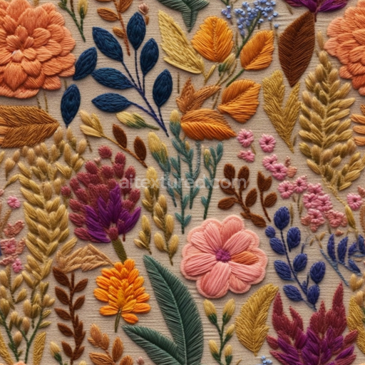 Seamless 3D PBR Embroidered Floral Fabric Texture in Warm Tones