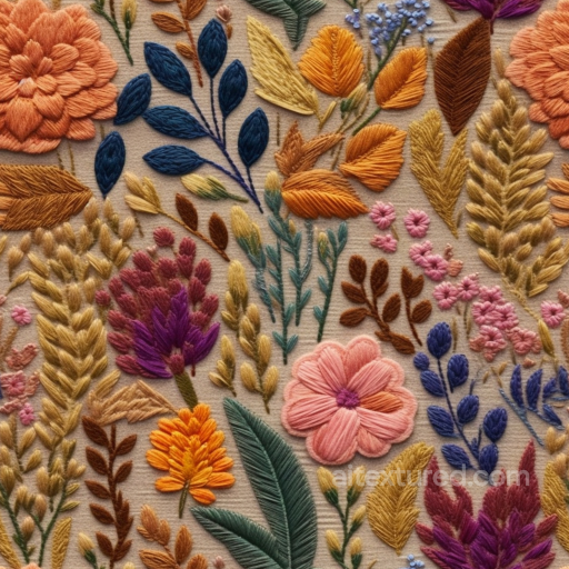 Embroidered Floral Fabric Texture in Warm Tones seamless Embroidered floral PBR texture