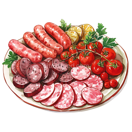 Breakfast Sausage and Mixed Meat Platter with Tomatoes and Lemon Slices Illustration