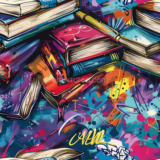 Seamless 3D PBR texture of colorful graffiti mural with books and paint splashes