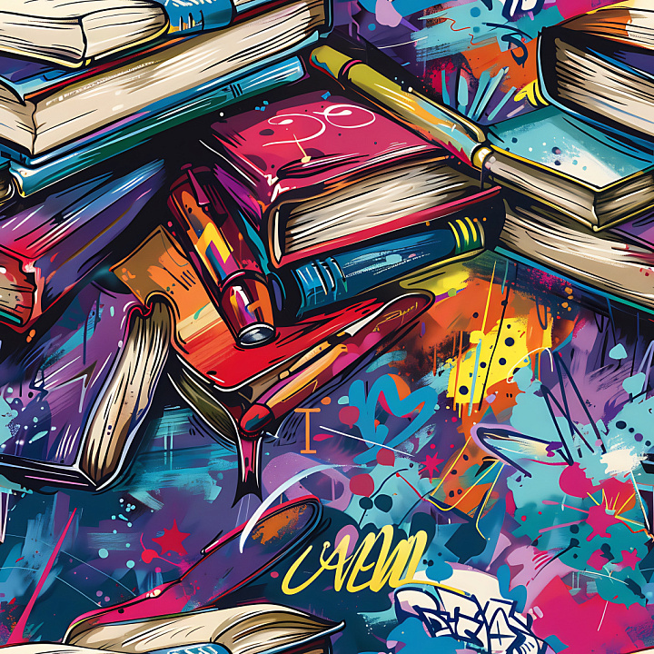 Of Colorful Graffiti Mural With Books And Paint Splashes seamless PBR texture preview