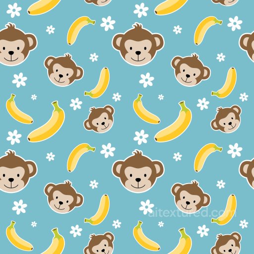 Pattern PBR Texture with Playful Monkey Faces and Bananas on Blue Background seamless Pattern Bundle PBR texture