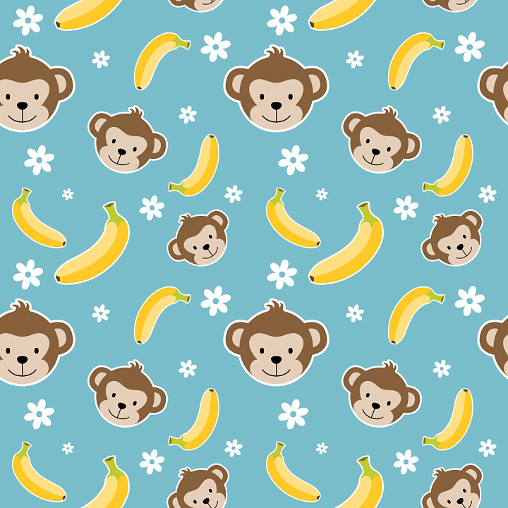 Pattern with Playful Monkey Faces and Bananas on Blue Background seamless PBR texture preview