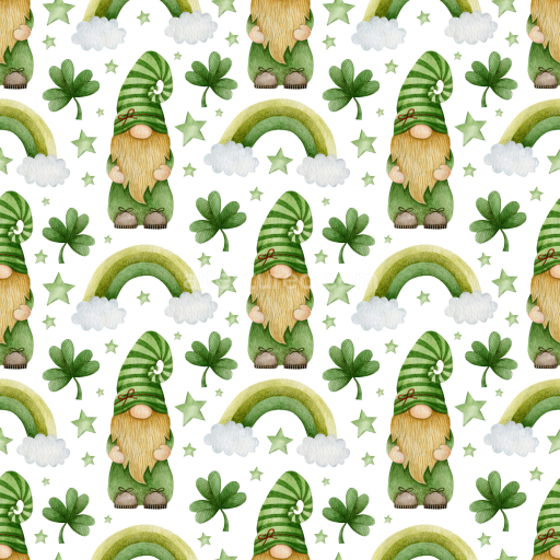 Seamless 3D PBR Texture with Watercolor St Patrick Gnomes, Rainbows & Shamrocks