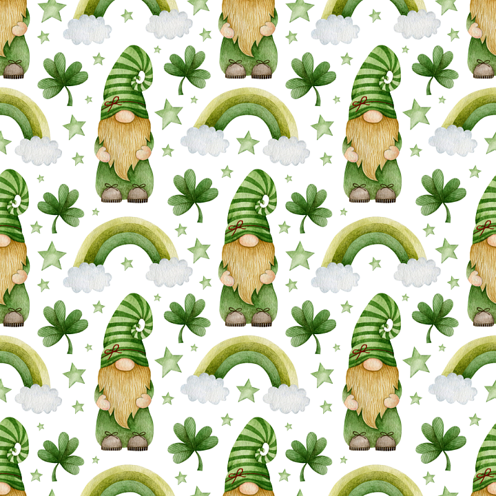 with Watercolor St Patrick Gnomes, Rainbows & Shamrocks seamless PBR texture preview