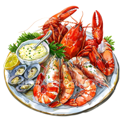seamless Seafood Breakfast Platter with Shrimp, Lobster, Mussels, and Aioli in Watercolor Style texture 8k free download PBR
