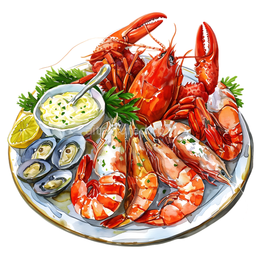 Seafood Breakfast Platter with Shrimp, Lobster, Mussels, and Aioli in Watercolor Style