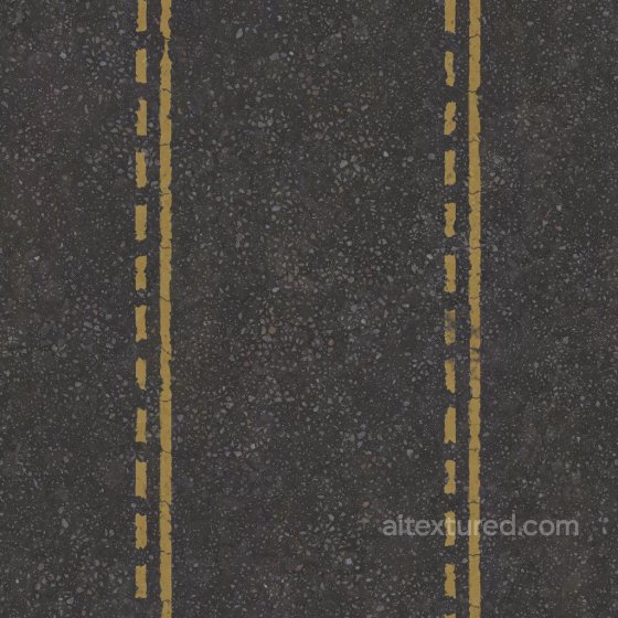 Asphalt Road Texture with Yellow Line Road Markings | Free PBR Ground surface texture preview
